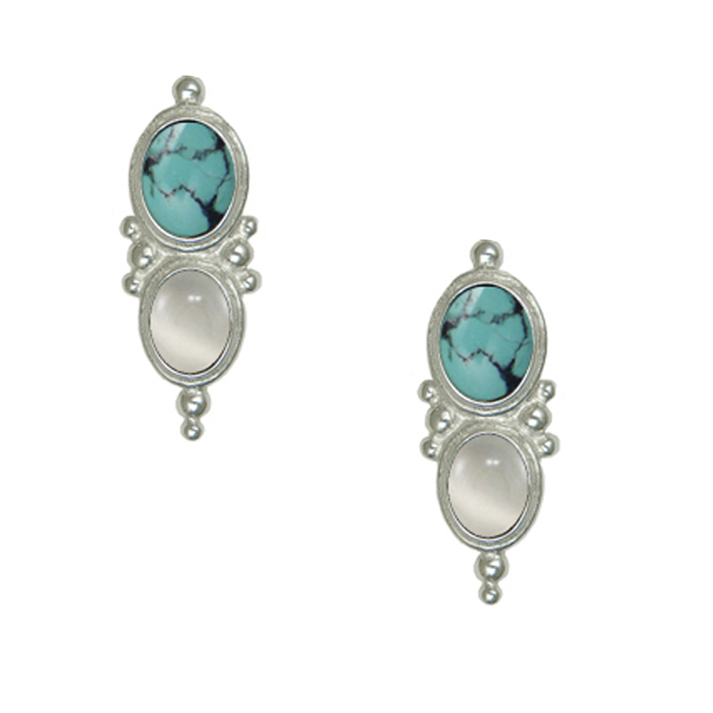 Sterling Silver Drop Dangle Earrings With Chinese Turquoise And White Moonstone